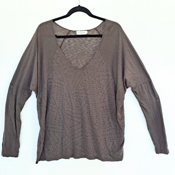 Velvet by Graham & Spencer Gray Studded Long Sleeve Slub Tee T-shirt Dolman szM - Picture 2 of 9